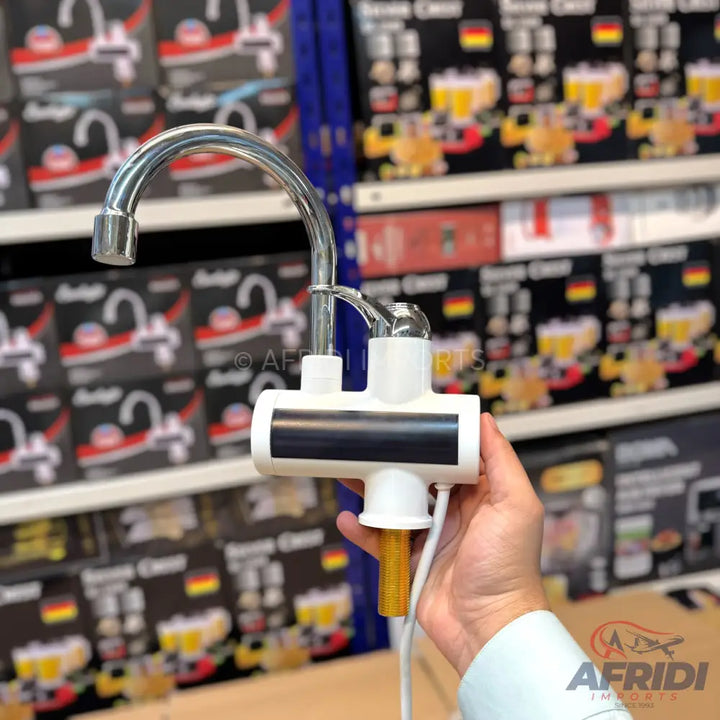 A chrome-finished kitchen faucet with an integrated white electric water heater.
