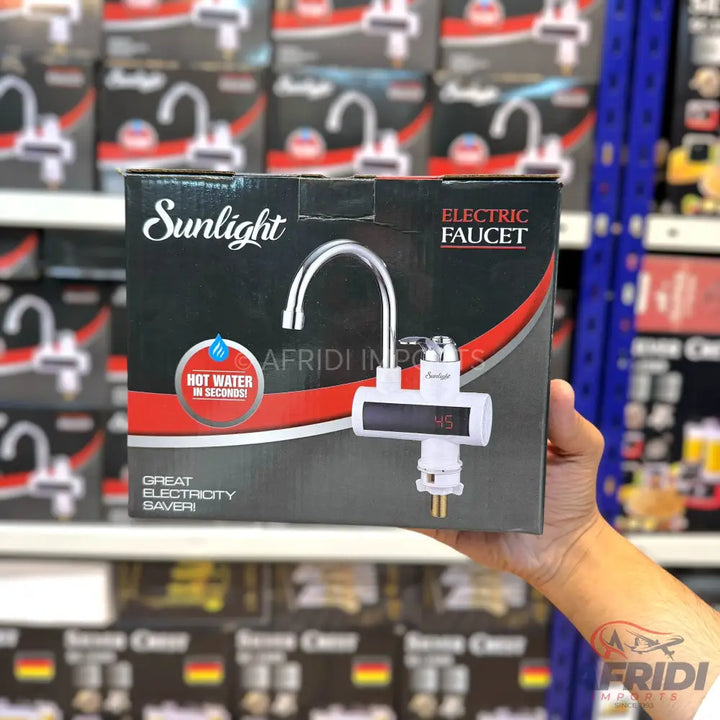 A boxed electric faucet that provides hot water quickly and saves electricity.
