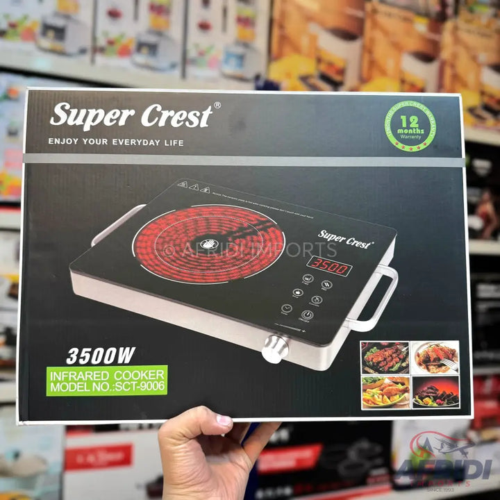 A Super Crest 3500W infrared cooker with a 12-month warranty.