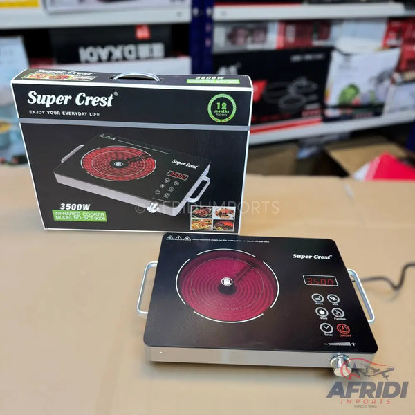 A black, single-burner induction cooktop with digital controls and a red heating element.
