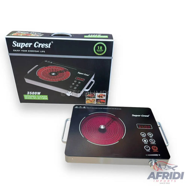 A black induction cooktop with a single burner and digital controls.