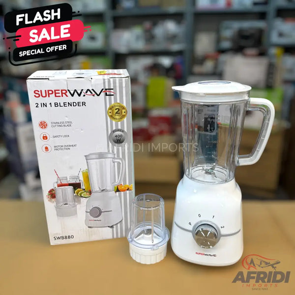 A white Superwave 2-in-1 blender with a main pitcher, a smaller grinding cup, and its original packaging.