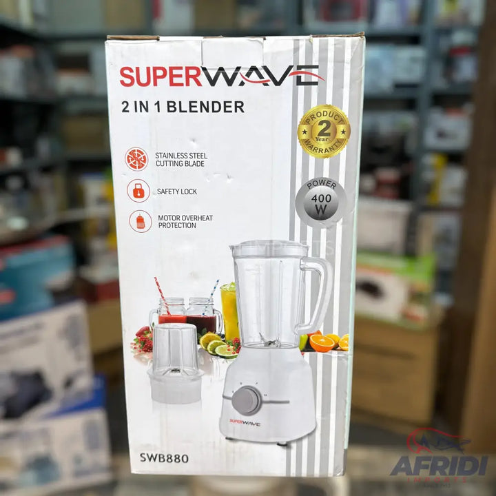 White Superwave 2-in-1 blender with 400W power, stainless steel cutting blade, safety lock, and motor overheat protection.