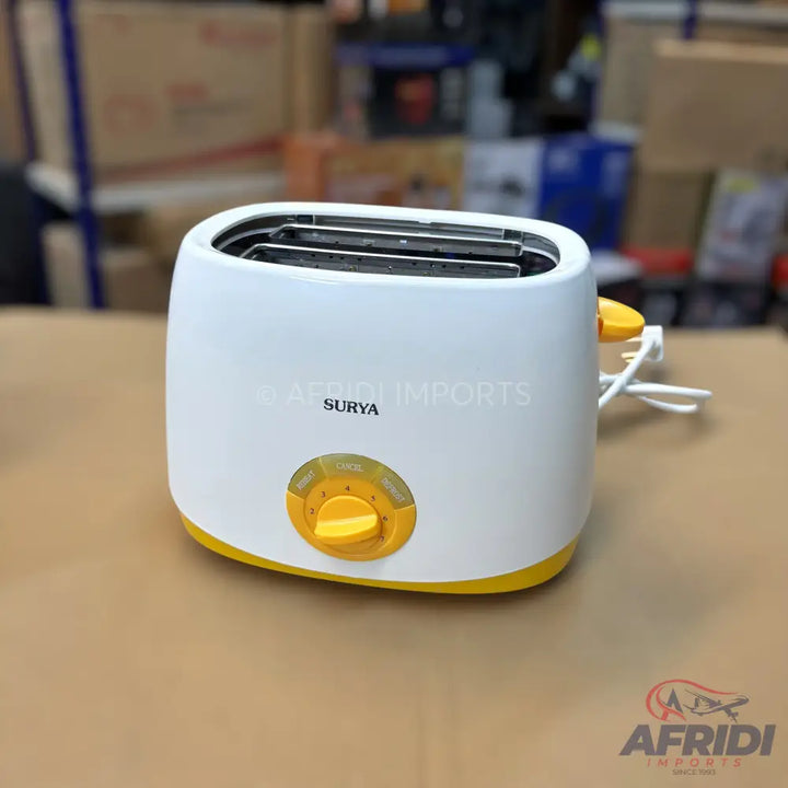 White and yellow two-slice toaster with browning control.