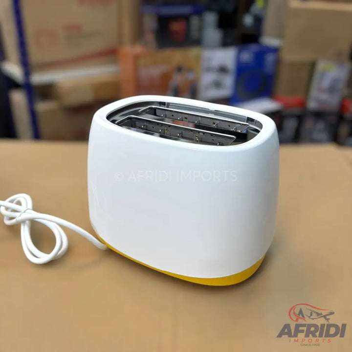 White and yellow two-slice toaster.