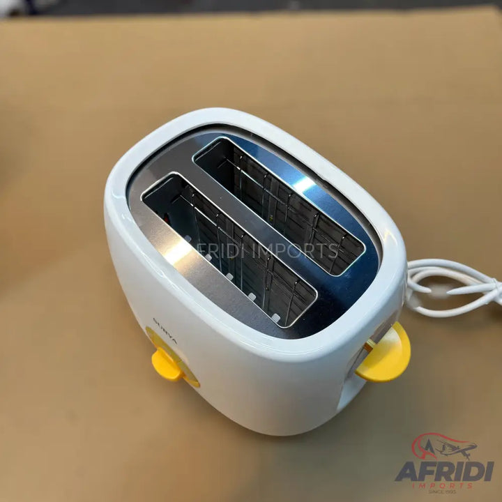 White two-slice toaster with yellow levers