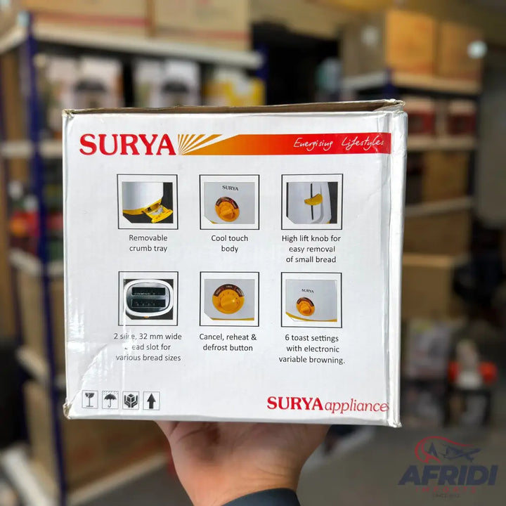 A white toaster box with product features and images.