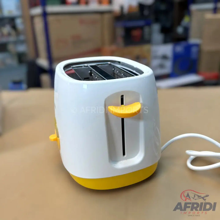 White and yellow two-slice toaster with a power cord.