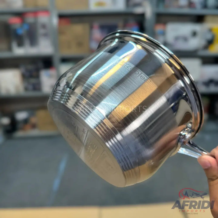 Stainless steel saucepan with a polished finish and a handle.