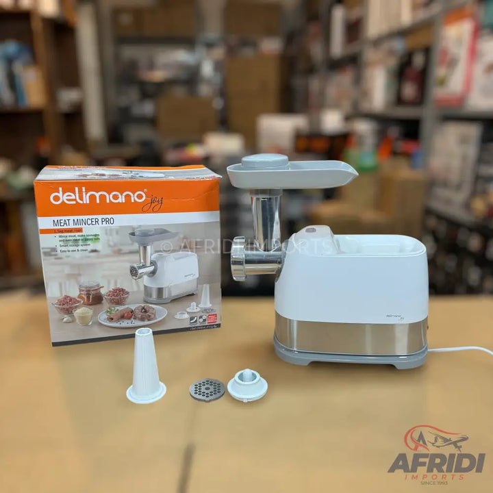 White and silver Delimano Meat Mincer Pro with accessories.