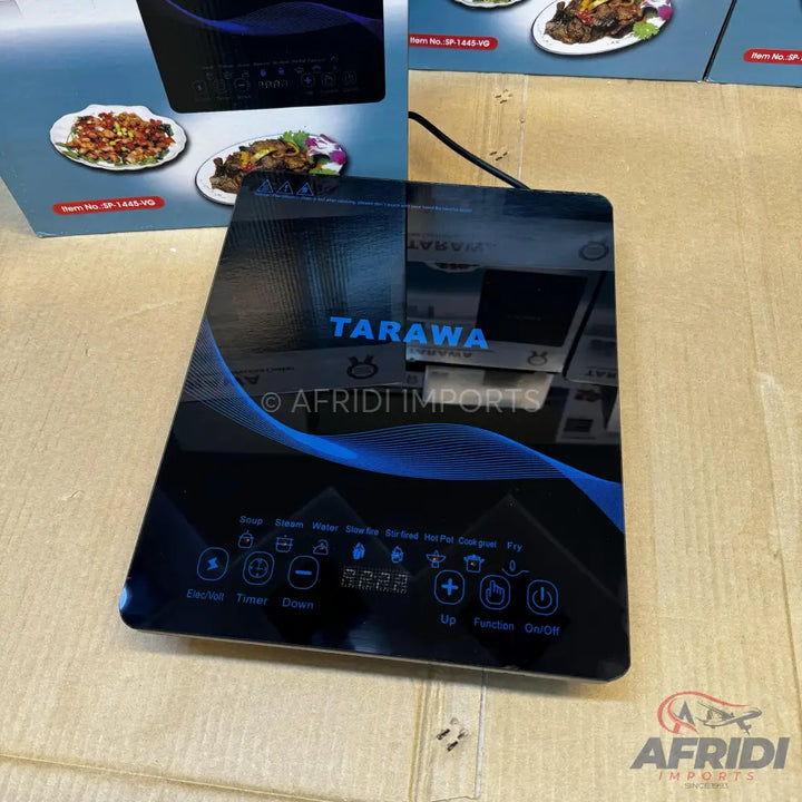 Black induction cooktop with blue wave design and touch controls.