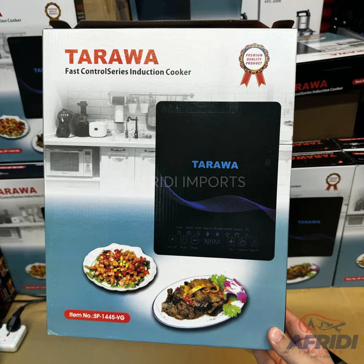 Box for a Tarawa Fast Control Series Induction Cooker with product details and images of prepared food.