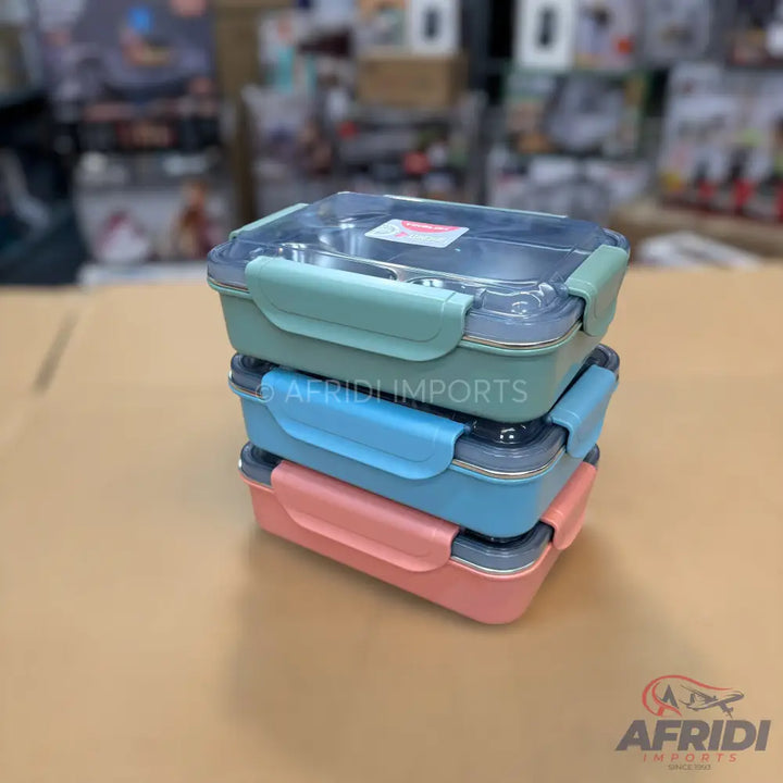A stack of three rectangular, colorful lunchboxes with clear lids.