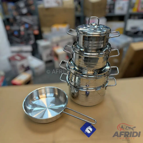 Stainless steel cooking pot and pan set.