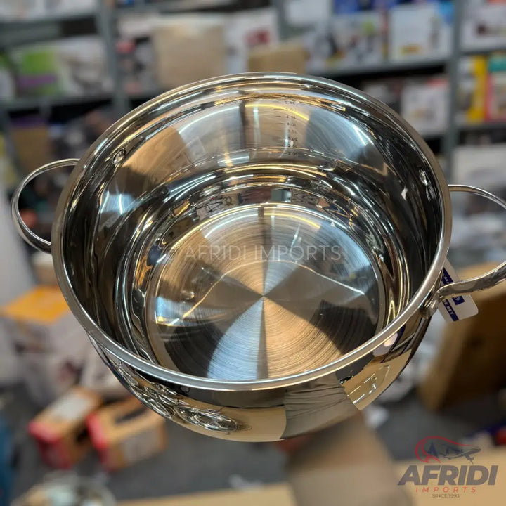 Stainless steel stockpot with two handles.