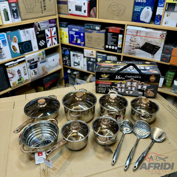 A shiny, stainless steel 16-piece cookware set with glass lids and copper-colored accents.