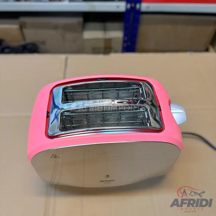 Pink two-slice toaster with chrome accents.