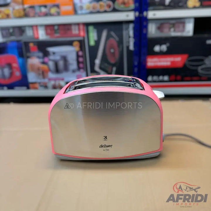 A pink and silver two-slice toaster.