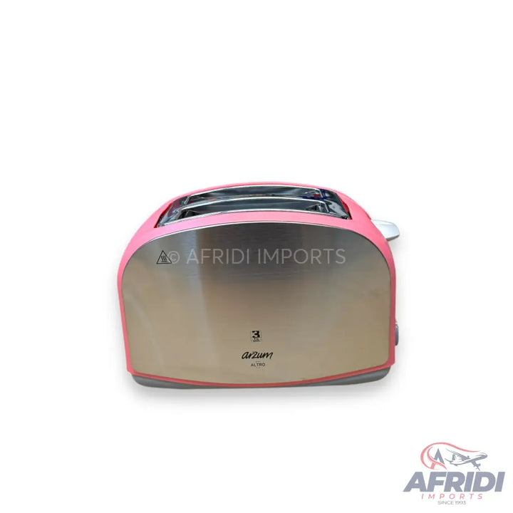 Pink and silver two-slice toaster.