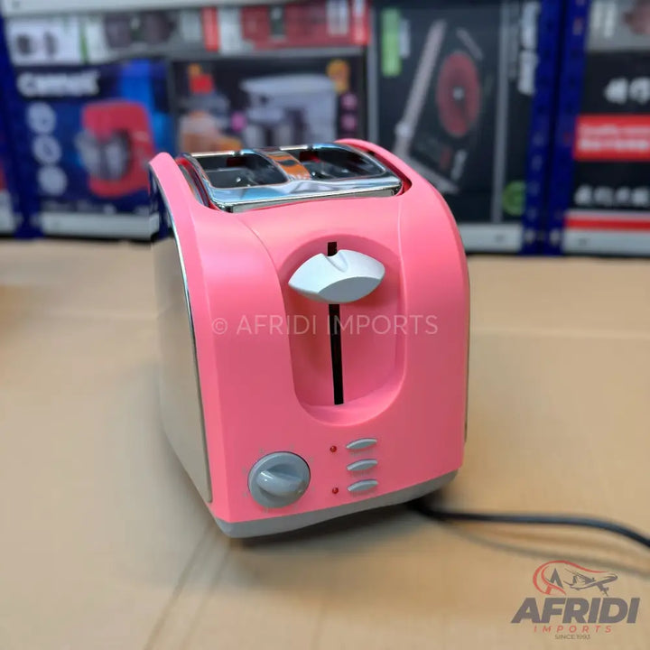 A two-slice pink and silver toaster with a browning control knob.
