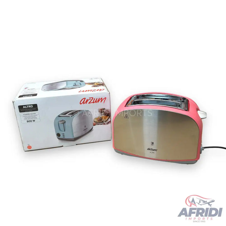 A pink and silver two-slice toaster with its original packaging.
