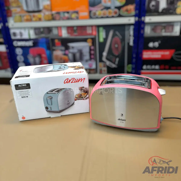 Pink and silver two-slice toaster with its white and red product box.