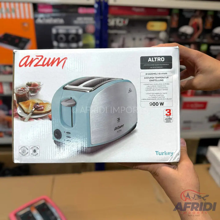 A light blue and silver toaster with two slots and a lever, featuring 8 browning settings and 900 watts of power.