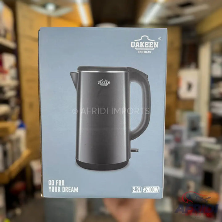 Dark grey electric kettle with a 2.2L capacity and 2000W power.