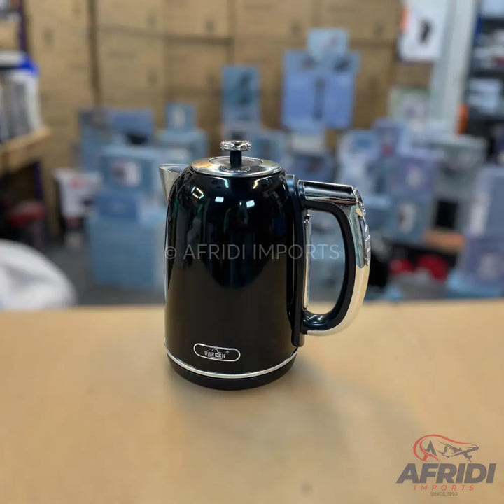 Black electric kettle with chrome accents.