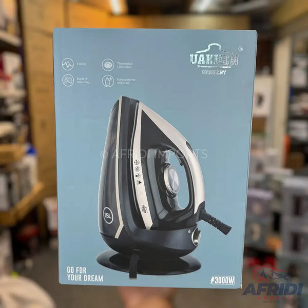Box for a black and silver cordless steam iron with a 3000W output.