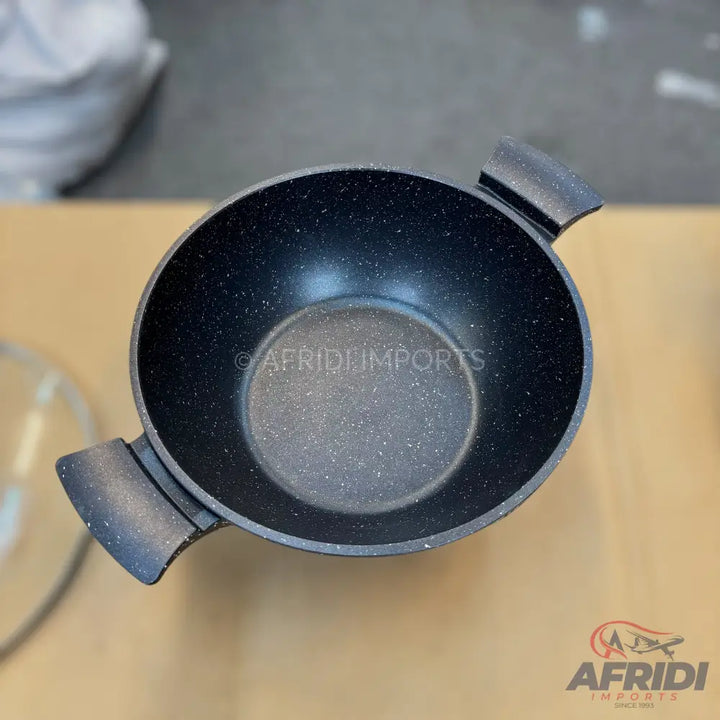 Black speckled nonstick cooking pot with two short handles.