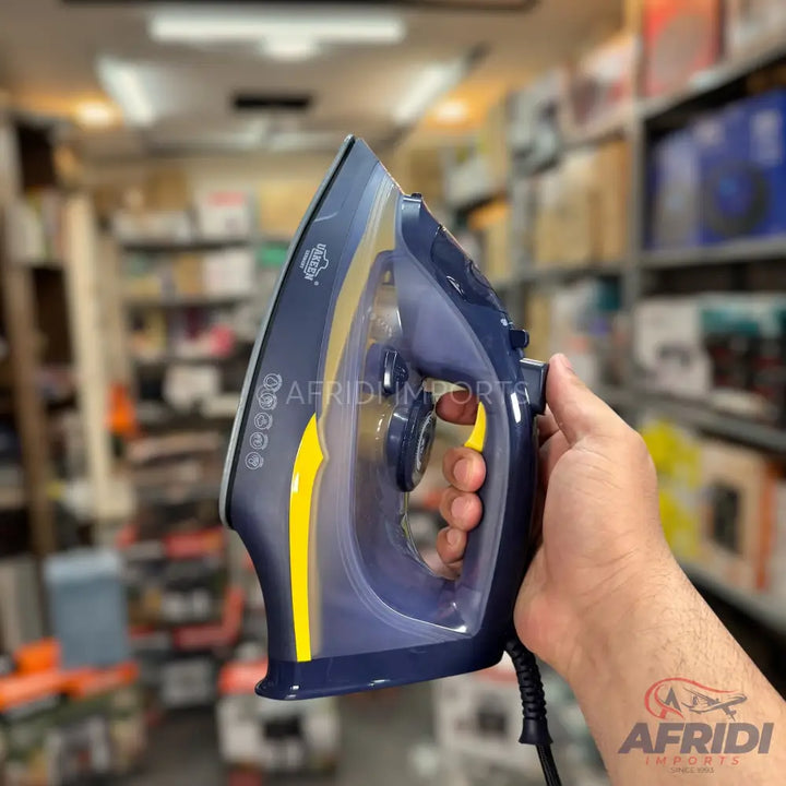 Blue and yellow steam iron with a black power cord.