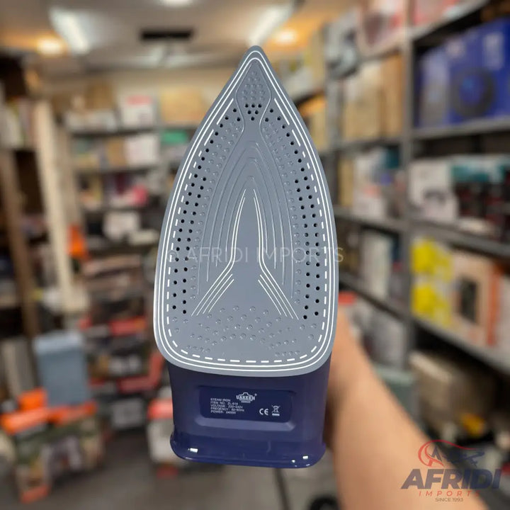 Blue and gray steam iron with a non-stick soleplate.