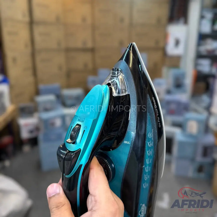 A black and blue steam iron with a pointed tip.