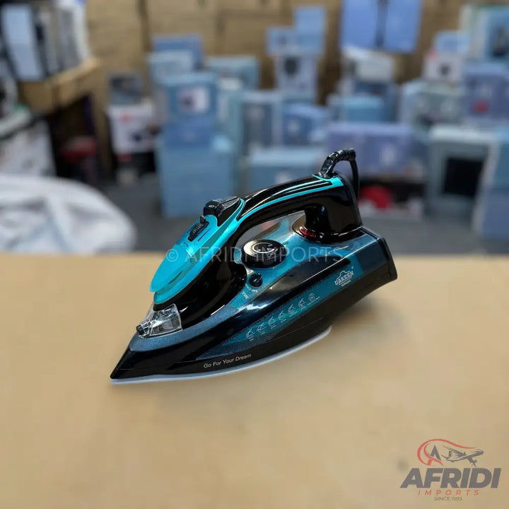 Black and teal steam iron with a pointed tip and ergonomic handle.