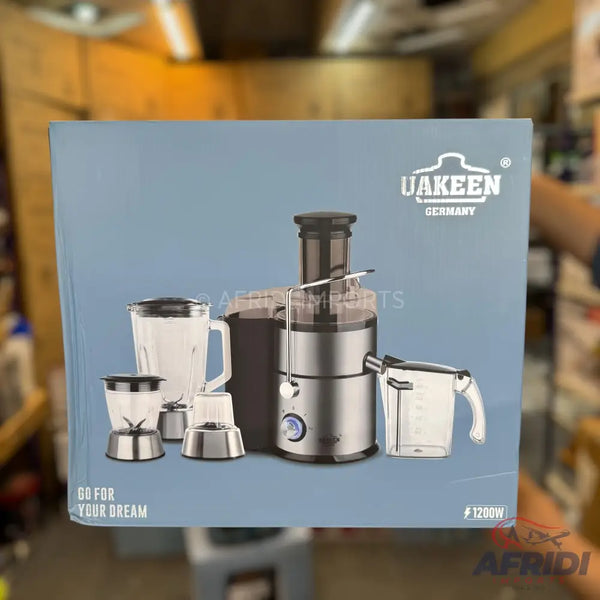 A multi-purpose kitchen appliance set featuring a juicer, blender, and grinder.