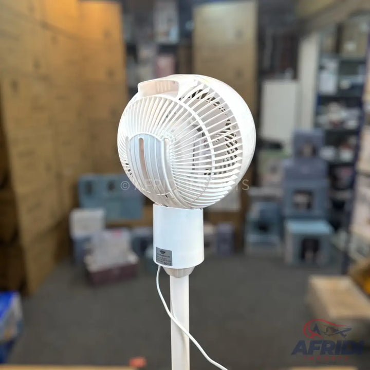 White electric pedestal fan with an adjustable head.