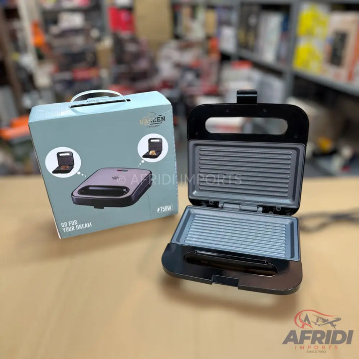 An open black electric sandwich maker with ridged non-stick cooking plates.