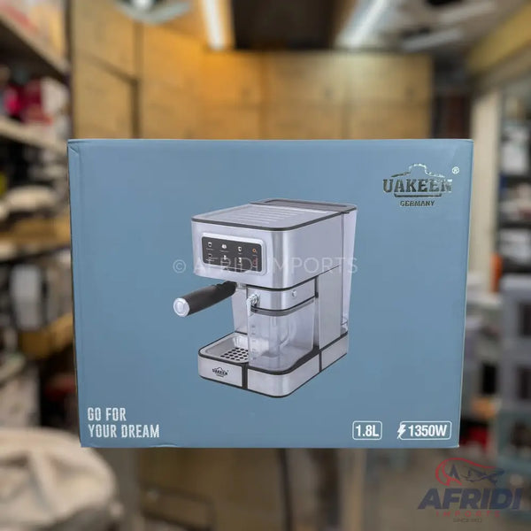 Uakeer espresso machine with a 1.8L water tank and 1350W power.