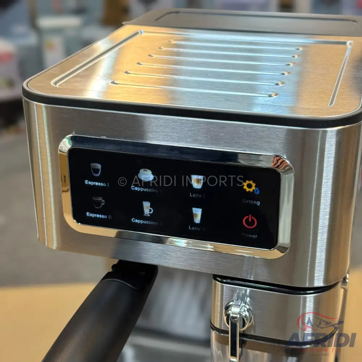 Stainless steel espresso machine with an intuitive touch display for various coffee selections.