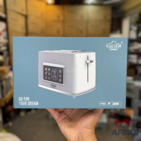 A white two-slice toaster with a digital display and 1000W power.