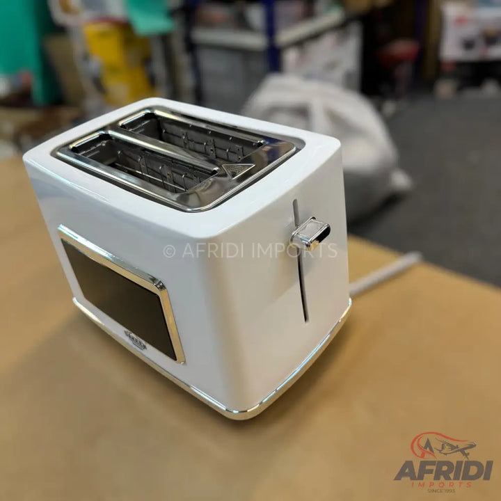 White two-slice toaster with a digital display and chrome accents.