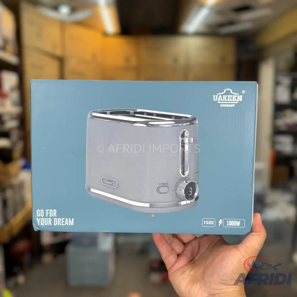 Two-slice toaster with a silver finish and chrome accents.