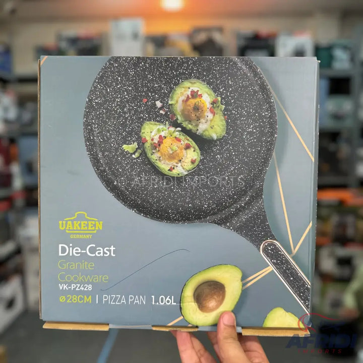 A Uakeen Die-Cast Granite Cookware pizza pan, 28cm in diameter, with a 1.06L capacity.
