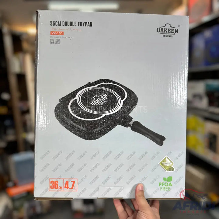 A Uakeen 36cm double frypan, PFOA-free, with a black speckled non-stick surface.