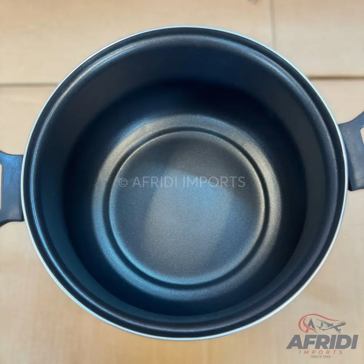 A black non-stick cooking pot with two handles.