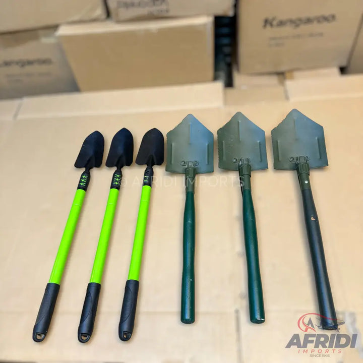 A set of six portable shovels, three with bright green handles and three with dark green/black handles.
