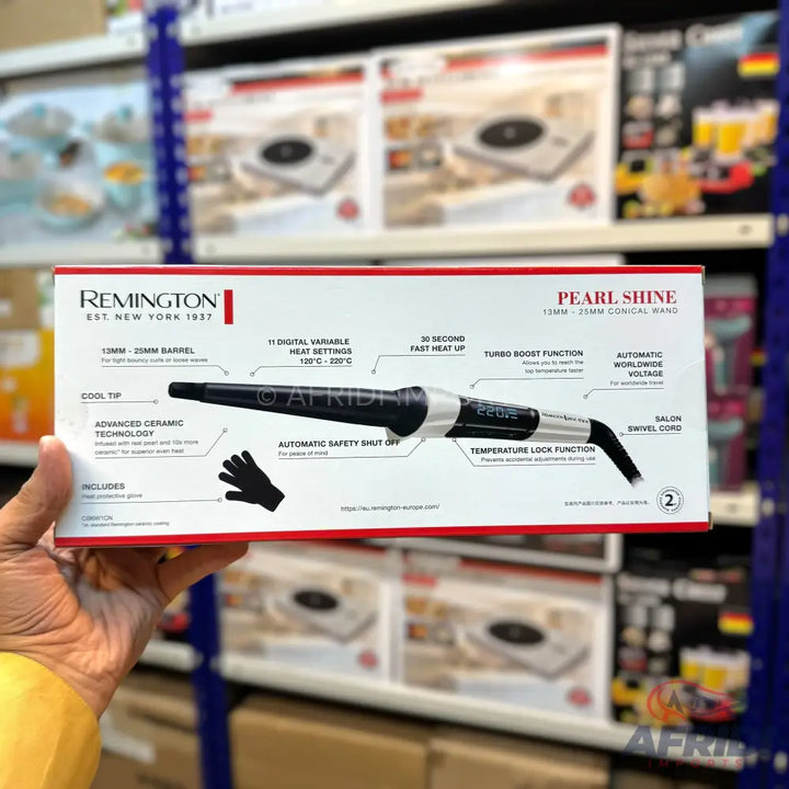 Remington Pearl Shine 13mm-25mm conical curling wand with 11 variable heat settings, 30-second fast heat-up, turbo boost, automatic worldwide voltage, and a salon swivel cord.