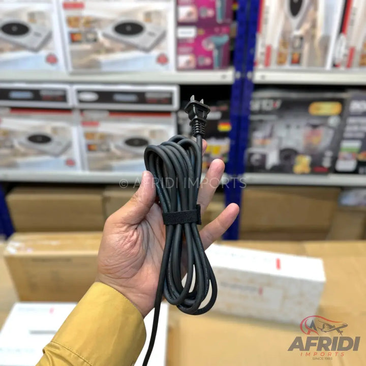 Black coiled power cable with a two-prong plug.