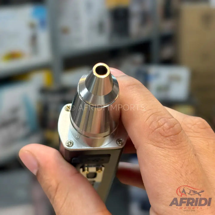 A sleek, metallic vape pen with a conical mouthpiece.